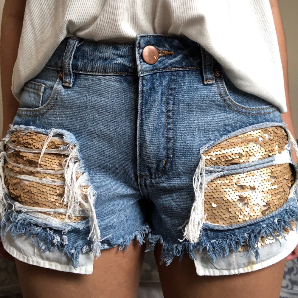 Sequin Ripped Denim Shorts